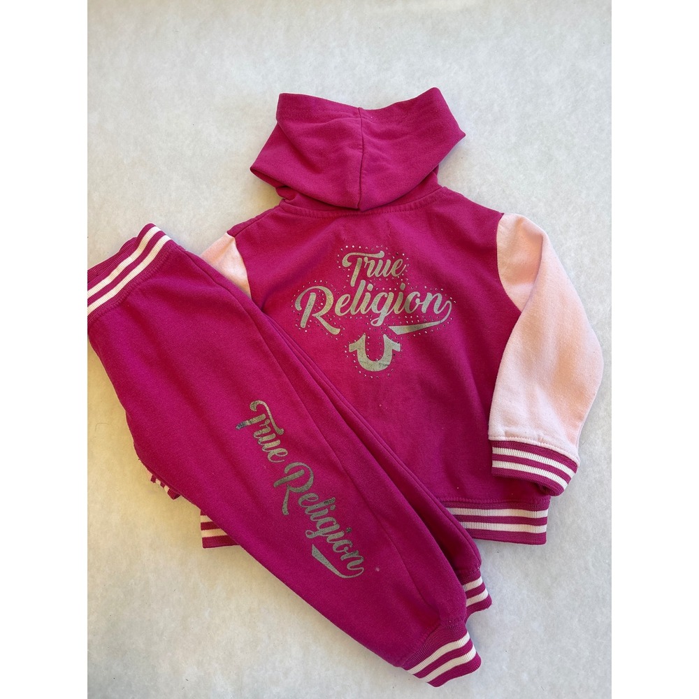 True Religion Girls Magenta Pink Tracksuit Hoodie Joggers Set 4T Glitter Logo
